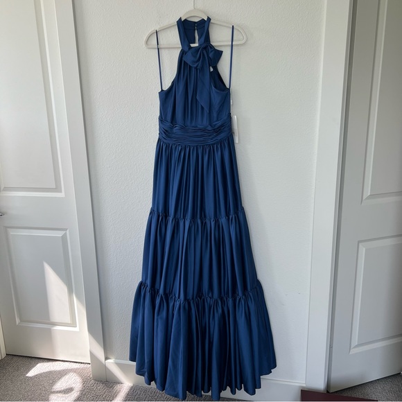 Mac Duggal Ruffle Tiered Soft Tie Halter Neck Gown in Sapphire Blue - Picture 4 of 12